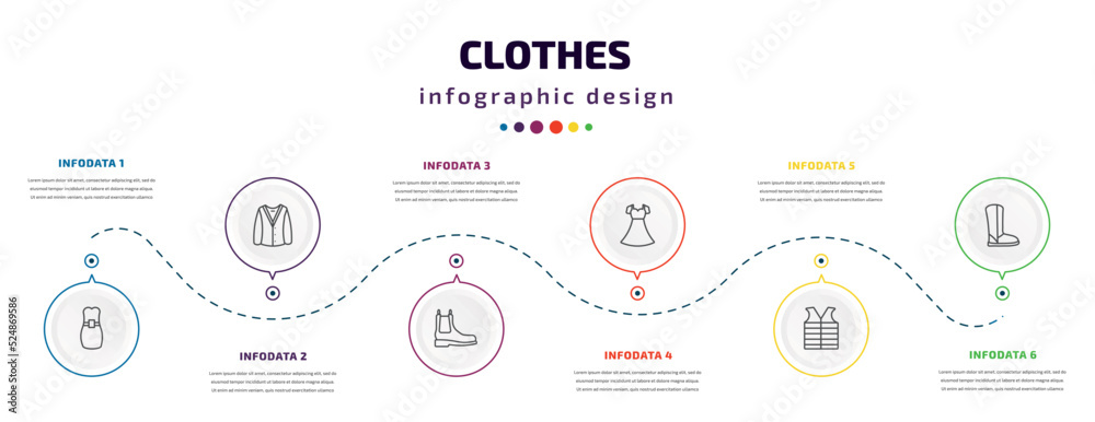 clothes infographic element with icons and 6 step or option. clothes icons such as long bandeau dress, cardigan, leather chelsea boots, chiffon dress, padded vest, wool boots vector. can be used for clothes infographic element with icons and 6 step or option. clothes icons such as long bandeau dress, cardigan, leather chelsea boots, chiffon dress, padded vest, wool boots vector. can be used for