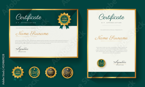 Green certificate of achievement template with gold badge