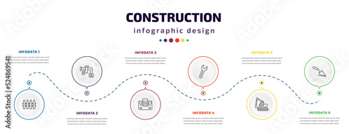 construction infographic element with icons and 6 step or option. construction icons such as garden fence, adjustment system, tool bag, spanner, backhoes, construction palette vector. can be used