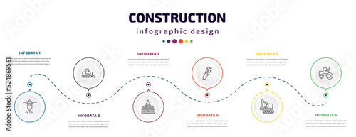 construction infographic element with icons and 6 step or option. construction icons such as hydraulic breaker, bulldozer, big building, clippers, derrick with box, steamroller vector. can be used
