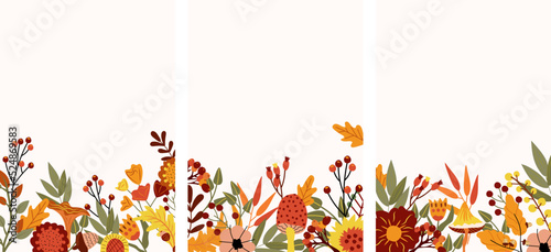 Autumn banner with colorful leaves, mushroom, autumn berries and flowers. Composition for your greeting cards, poster, and harvest festival or Thanksgiving. Vector Illustration. 