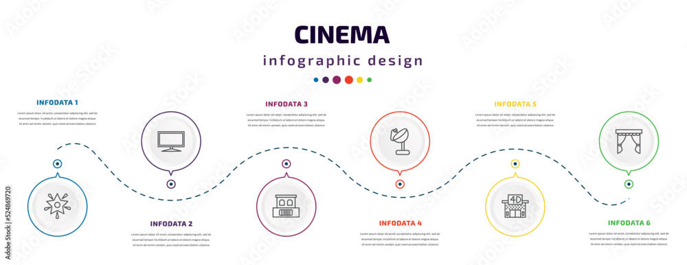 cinema infographic element with icons and 6 step or option. cinema icons such as famous cinema star, flat tv, box office, satellite tv dish, movie theater, curtain vector. can be used for banner, cinema infographic element with icons and 6 step or option. cinema icons such as famous cinema star, flat tv, box office, satellite tv dish, movie theater, curtain vector. can be used for banner,