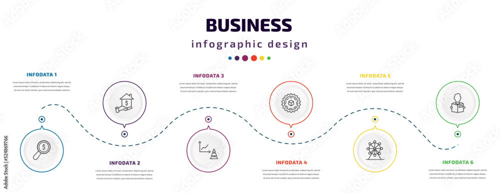 business infographic element with icons and 6 step or option. business icons such as money finder, mortgage loan, graphs, proof of work, big wheel, reader vector. can be used for banner, info graph, business infographic element with icons and 6 step or option. business icons such as money finder, mortgage loan, graphs, proof of work, big wheel, reader vector. can be used for banner, info graph,