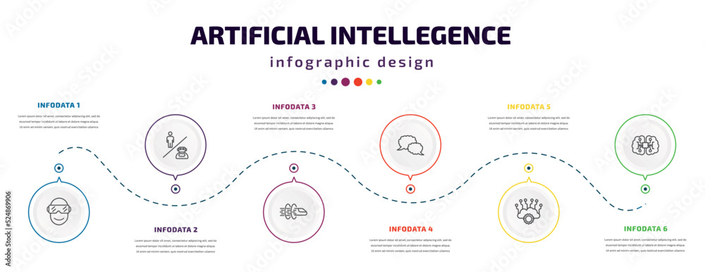 artificial intellegence infographic element with icons and 6 step or option. artificial intellegence icons such as oculus rift, robots and humans, hyperloop, speech bubble, cloud intelligence, ai artificial intellegence infographic element with icons and 6 step or option. artificial intellegence icons such as oculus rift, robots and humans, hyperloop, speech bubble, cloud intelligence, ai