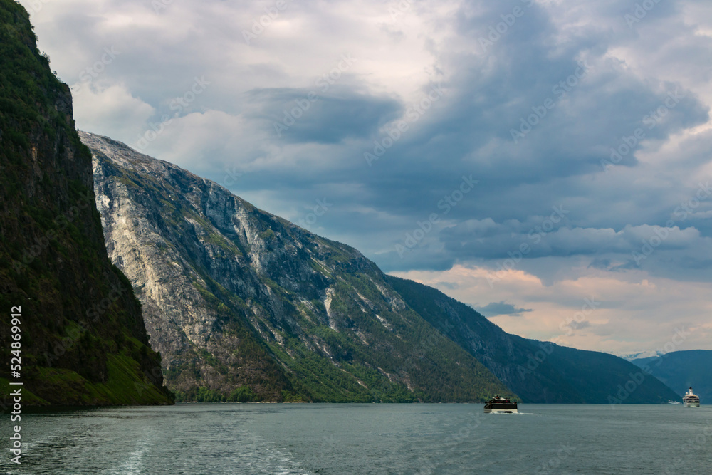Amazing beautiful view of the Nærøyfjord in Norway Scandinavia with snow mountains and colorful fjord