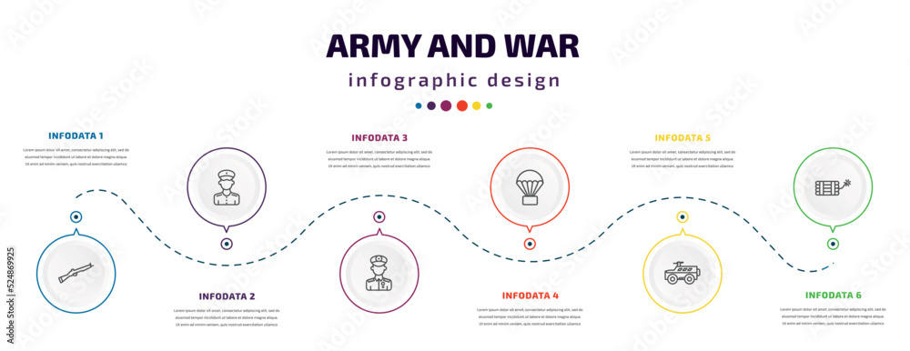 army and war infographic element with icons and 6 step or option. army and war icons such as bayonet on rifle, officer, general, parachute, armored vehicle, dynamite vector. can be used for banner, army and war infographic element with icons and 6 step or option. army and war icons such as bayonet on rifle, officer, general, parachute, armored vehicle, dynamite vector. can be used for banner,