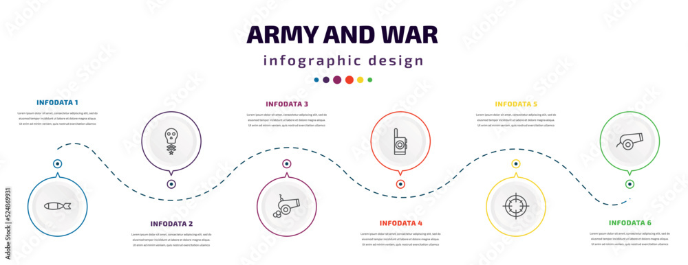 Fototapeta premium army and war infographic element with icons and 6 step or option. army and war icons such as torpedo, skull army, artillery, walkie talkie, target, canon vector. can be used for banner, info graph,