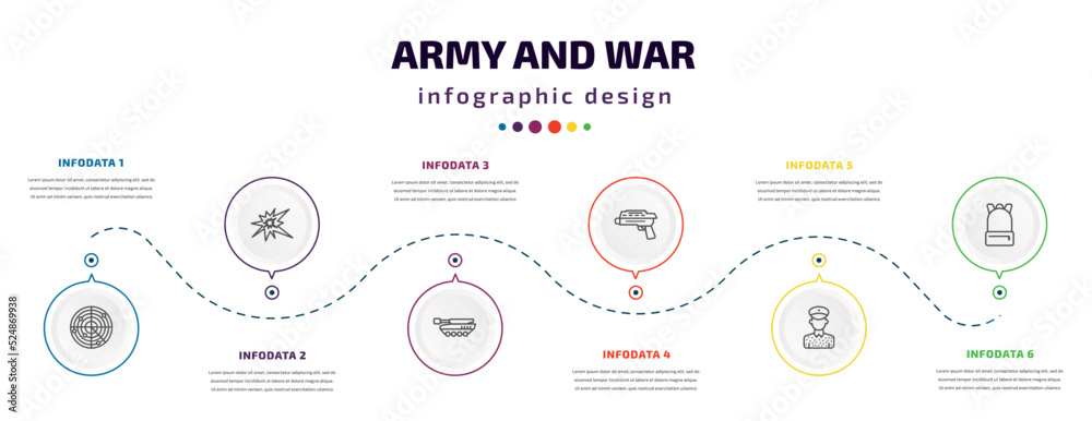 army and war infographic element with icons and 6 step or option. army and war icons such as militar radar, explosion, tank, grenade launcher, conscription, backpack vector. can be used for banner, army and war infographic element with icons and 6 step or option. army and war icons such as militar radar, explosion, tank, grenade launcher, conscription, backpack vector. can be used for banner,