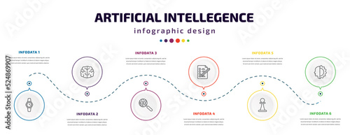 artificial intellegence infographic element with icons and 6 step or option. artificial intellegence icons such as wristwatch, brain, detection, check list, chess, cyborg vector. can be used for