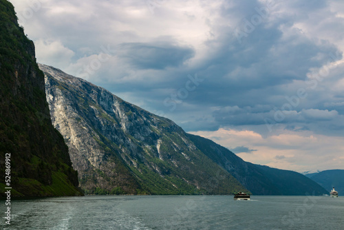 Amazing beautiful view of the Nærøyfjord in Norway Scandinavia with snow mountains and colorful fjord