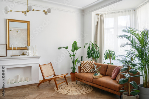 Room with brown sofa, wooden chair and potted plants