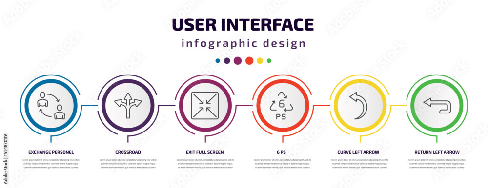 user interface infographic template with icons and 6 step or option. user interface icons such as exchange personel, crossroad, exit full screen arrows, 6 ps, curve left arrow, return left arrow user interface infographic template with icons and 6 step or option. user interface icons such as exchange personel, crossroad, exit full screen arrows, 6 ps, curve left arrow, return left arrow