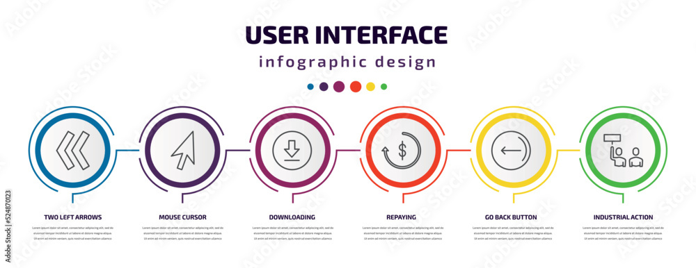 user interface infographic template with icons and 6 step or option. user interface icons such as two left arrows, mouse cursor, downloading, repaying, go back button, industrial action vector. can user interface infographic template with icons and 6 step or option. user interface icons such as two left arrows, mouse cursor, downloading, repaying, go back button, industrial action vector. can