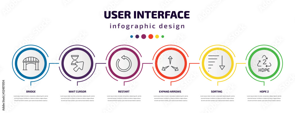 user interface infographic template with icons and 6 step or option. user interface icons such as bridge, wait cursor, restart, expand arrows, sorting, hdpe 2 vector. can be used for banner, info