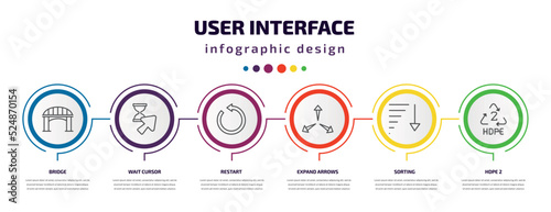 user interface infographic template with icons and 6 step or option. user interface icons such as bridge, wait cursor, restart, expand arrows, sorting, hdpe 2 vector. can be used for banner, info photo