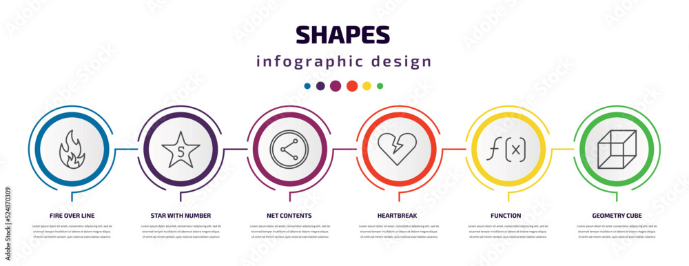 shapes infographic template with icons and 6 step or option. shapes icons such as fire over line, star with number five, net contents, heartbreak, function, geometry cube vector. can be used for shapes infographic template with icons and 6 step or option. shapes icons such as fire over line, star with number five, net contents, heartbreak, function, geometry cube vector. can be used for