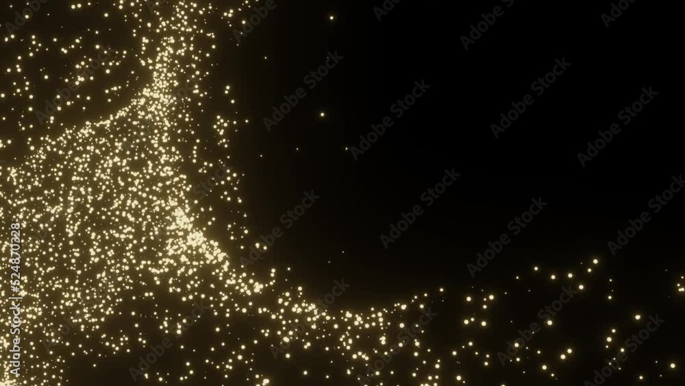 Abstract fluid flowing gold light particle curve shape isolated on black background with space for text. Animation in concept luxury, magic, technology.