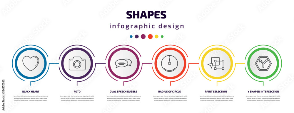 shapes infographic template with icons and 6 step or option. shapes icons such as black heart, foto, oval speech bubble, radius of circle, paint selection, y shaped intersection vector. can be used - obrazy, fototapety, plakaty 