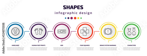 shapes infographic template with icons and 6 step or option. shapes icons such as undelined, human foot prints, hdr, four squares, brake system warning, characters vector. can be used for banner,