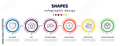 shapes infographic template with icons and 6 step or option. shapes icons such as black heart, foto, oval speech bubble, radius of circle, paint selection, y shaped intersection vector. can be used