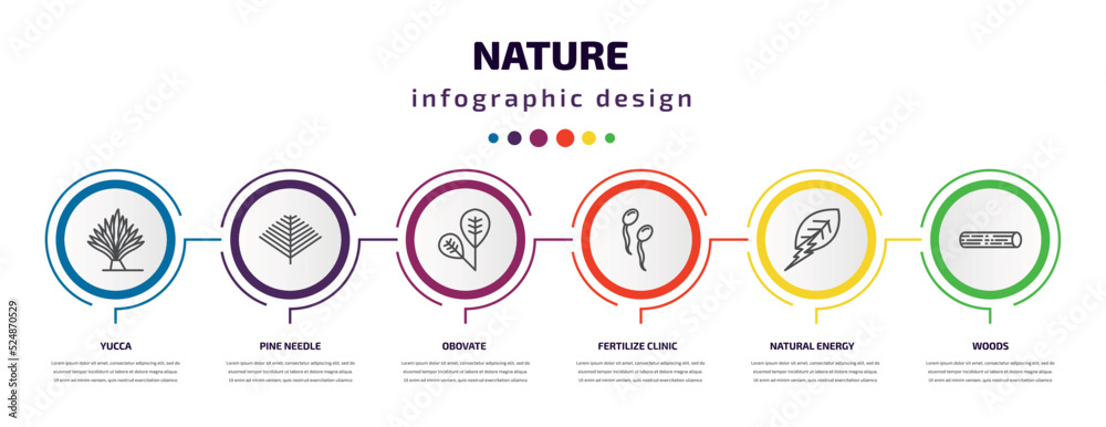 nature infographic template with icons and 6 step or option. nature icons such as yucca, pine needle, obovate, fertilize clinic, natural energy, woods vector. can be used for banner, info graph, nature infographic template with icons and 6 step or option. nature icons such as yucca, pine needle, obovate, fertilize clinic, natural energy, woods vector. can be used for banner, info graph,
