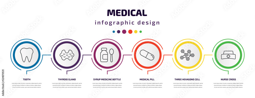 medical infographic template with icons and 6 step or option. medical icons such as tooth, thyroid gland, syrup medicine bottle, medical pill, three hexagons cell, nurse cross vector. can be used medical infographic template with icons and 6 step or option. medical icons such as tooth, thyroid gland, syrup medicine bottle, medical pill, three hexagons cell, nurse cross vector. can be used