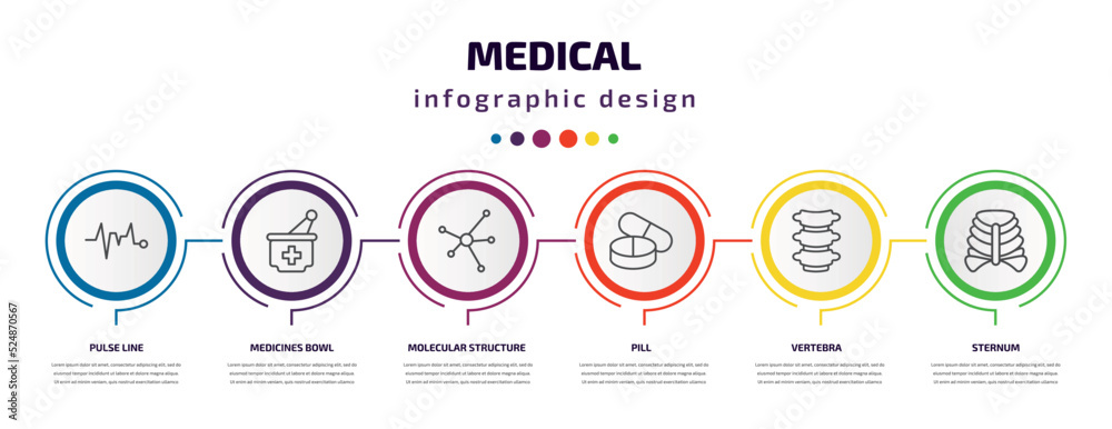 medical infographic template with icons and 6 step or option. medical icons such as pulse line, medicines bowl, molecular structure, pill, vertebra, sternum vector. can be used for banner, info medical infographic template with icons and 6 step or option. medical icons such as pulse line, medicines bowl, molecular structure, pill, vertebra, sternum vector. can be used for banner, info