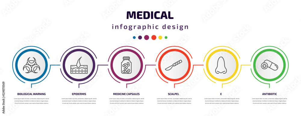 medical infographic template with icons and 6 step or option. medical icons such as biological warning, epidermis, medicine capsules, scalpel, e, antibiotic vector. can be used for banner, info medical infographic template with icons and 6 step or option. medical icons such as biological warning, epidermis, medicine capsules, scalpel, e, antibiotic vector. can be used for banner, info