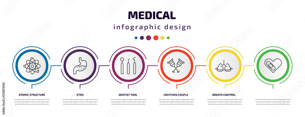 medical infographic template with icons and 6 step or option. medical icons such as atomic structure, stoh, dentist tool, crutches couple, breath control, vector. can be used for banner, info medical infographic template with icons and 6 step or option. medical icons such as atomic structure, stoh, dentist tool, crutches couple, breath control, vector. can be used for banner, info
