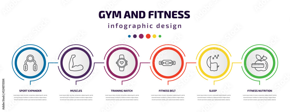 gym and fitness infographic template with icons and 6 step or option. gym and fitness icons such as sport expander, muscles, training watch, fitness belt, sleep, nutrition vector. can be used for gym and fitness infographic template with icons and 6 step or option. gym and fitness icons such as sport expander, muscles, training watch, fitness belt, sleep, nutrition vector. can be used for