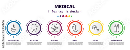 medical infographic template with icons and 6 step or option. medical icons such as microscope tool, molar tooth, plastering, plasma, bacteria, brush with tooth paste vector. can be used for banner,