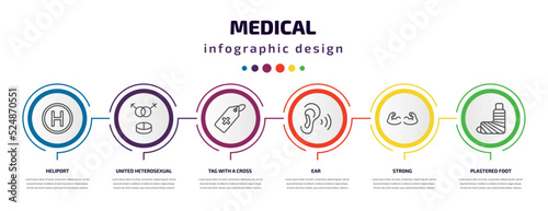 medical infographic template with icons and 6 step or option. medical icons such as heliport, united heterosexual, tag with a cross, ear, strong, plastered foot vector. can be used for banner, info