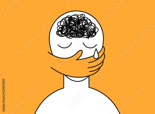 Mental health , illness ,brain development and medical treatment  concept. People crying with messy line on head  and  hand  closing mouth..