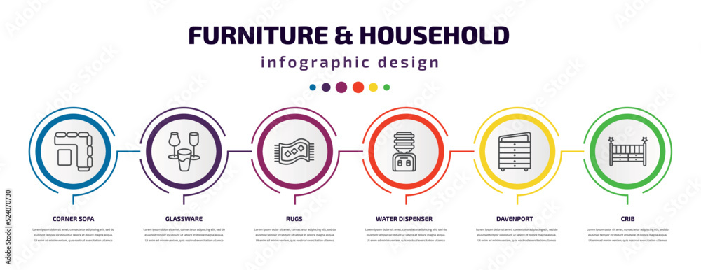 Naklejka premium furniture & household infographic template with icons and 6 step or option. furniture & household icons such as corner sofa, glassware, rugs, water dispenser, davenport, crib vector. can be used for