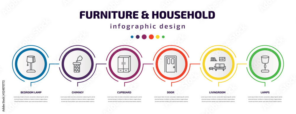 furniture & household infographic template with icons and 6 step or option. furniture & household icons such as bedroom lamp, chimney, cupboard, door, livingroom, lamps vector. can be used for furniture & household infographic template with icons and 6 step or option. furniture & household icons such as bedroom lamp, chimney, cupboard, door, livingroom, lamps vector. can be used for