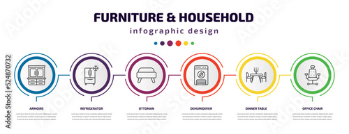 furniture & household infographic template with icons and 6 step or option. furniture & household icons such as armoire, refrigerator, ottoman, dehumidifier, dinner table, office chair vector. can