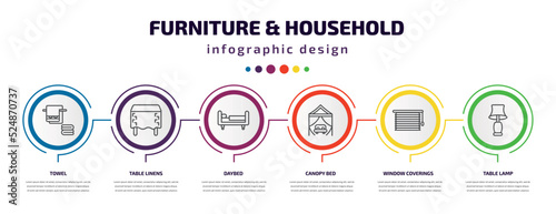 furniture & household infographic template with icons and 6 step or option. furniture & household icons such as towel, table linens, daybed, canopy bed, window coverings, table lamp vector. can be