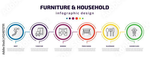 furniture & household infographic template with icons and 6 step or option. furniture & household icons such as bidet, furniture, window, porch swing, silverware, cuckoo clock vector. can be used