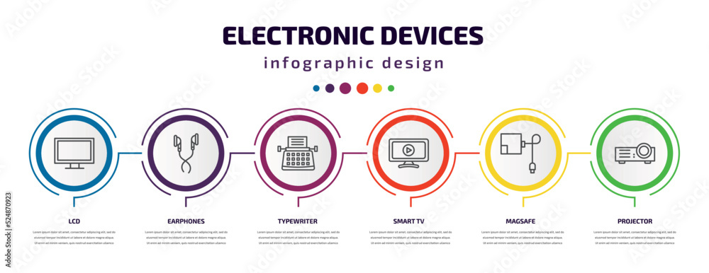 electronic devices infographic template with icons and 6 step or option. electronic devices icons such as lcd, earphones, typewriter, smart tv, magsafe, projector vector. can be used for banner, electronic devices infographic template with icons and 6 step or option. electronic devices icons such as lcd, earphones, typewriter, smart tv, magsafe, projector vector. can be used for banner,