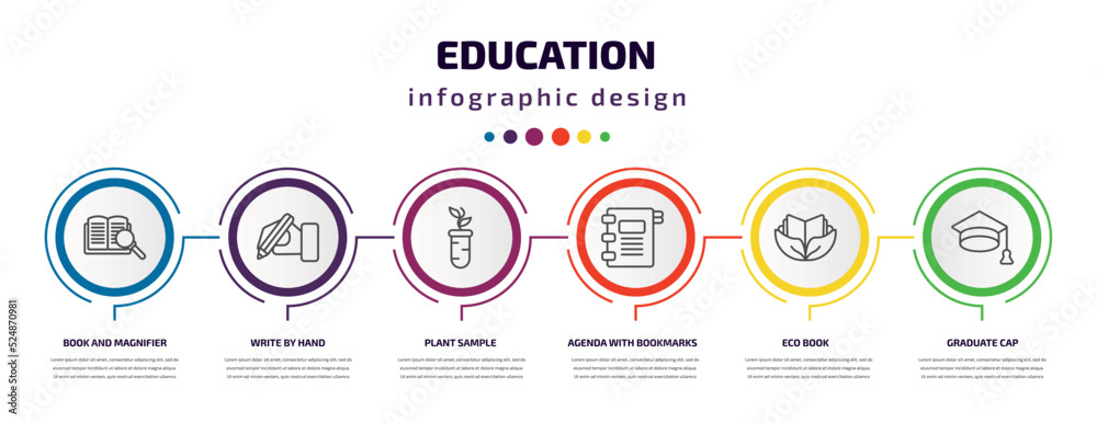 education infographic template with icons and 6 step or option. education icons such as book and magnifier, write by hand, plant sample, agenda with bookmarks, eco book, graduate cap vector. can be education infographic template with icons and 6 step or option. education icons such as book and magnifier, write by hand, plant sample, agenda with bookmarks, eco book, graduate cap vector. can be