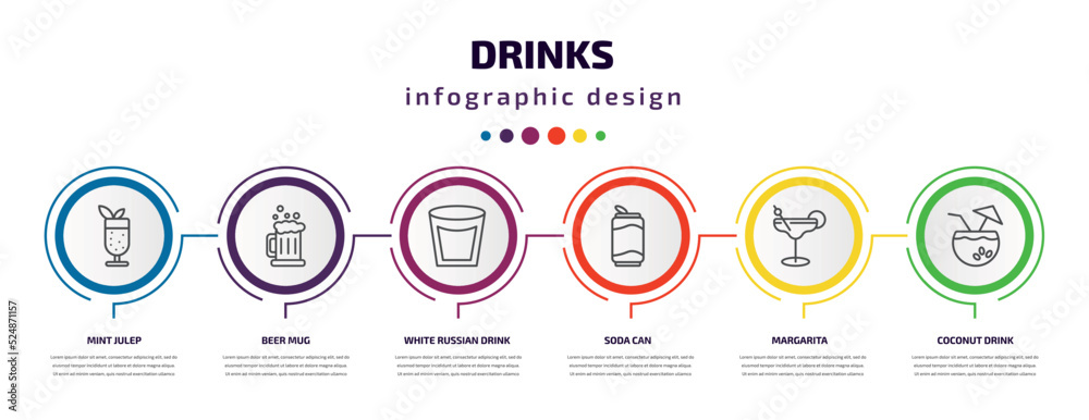 drinks infographic template with icons and 6 step or option. drinks icons such as mint julep, beer mug, white russian drink, soda can, margarita, coconut drink vector. can be used for banner, info drinks infographic template with icons and 6 step or option. drinks icons such as mint julep, beer mug, white russian drink, soda can, margarita, coconut drink vector. can be used for banner, info