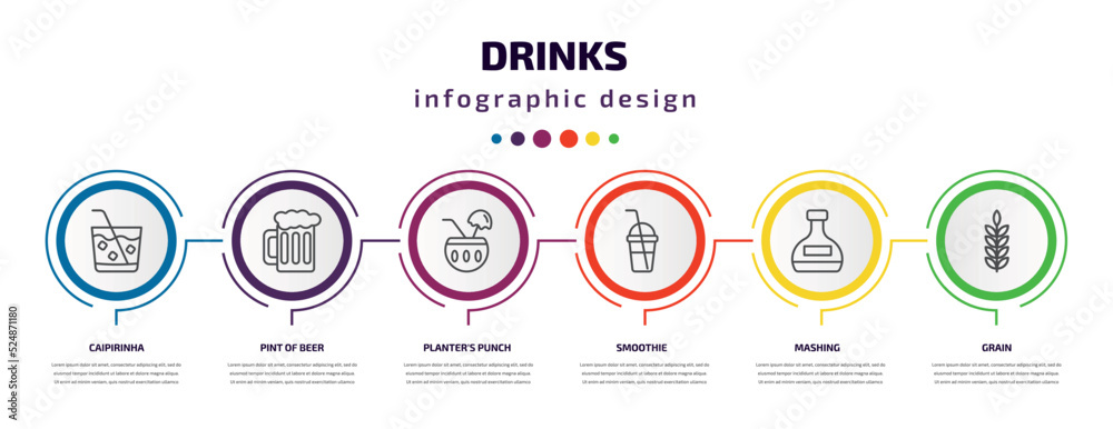 drinks infographic template with icons and 6 step or option. drinks icons such as caipirinha, pint of beer, planter's punch, smoothie, mashing, grain vector. can be used for banner, info graph, web, drinks infographic template with icons and 6 step or option. drinks icons such as caipirinha, pint of beer, planter's punch, smoothie, mashing, grain vector. can be used for banner, info graph, web,