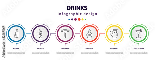 drinks infographic template with icons and 6 step or option. drinks icons such as alcohol, french 75, sorkscrew, armagnac, water jug, sidecar drink vector. can be used for banner, info graph, web,