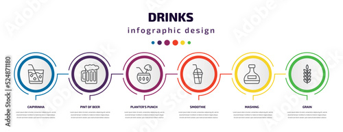 drinks infographic template with icons and 6 step or option. drinks icons such as caipirinha, pint of beer, planter's punch, smoothie, mashing, grain vector. can be used for banner, info graph, web,