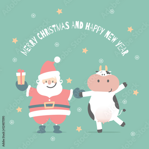 merry christmas and happy new year with cute santa claus and cow, in the winter season green background, the year of cow zodiac, flat vector illustration cartoon character costume design