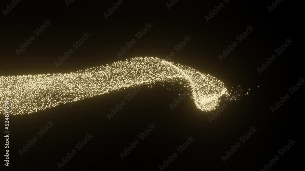 Abstract fluid flowing gold light particle curve shape isolated on black background with space for text. Animation in concept luxury, magic, technology.