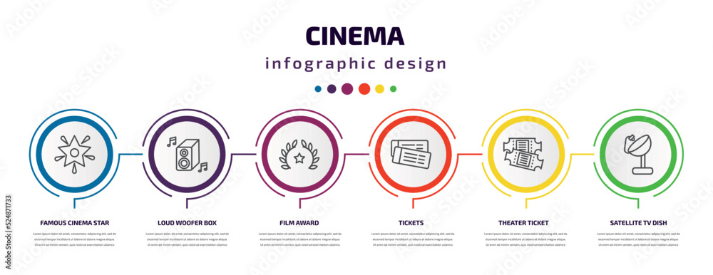 cinema infographic template with icons and 6 step or option. cinema icons such as famous cinema star, loud woofer box, film award, tickets, theater ticket, satellite tv dish vector. can be used for cinema infographic template with icons and 6 step or option. cinema icons such as famous cinema star, loud woofer box, film award, tickets, theater ticket, satellite tv dish vector. can be used for
