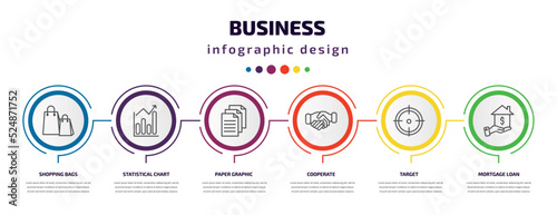 business infographic template with icons and 6 step or option. business icons such as shopping bags, statistical chart, paper graphic, cooperate, target, mortgage loan vector. can be used for