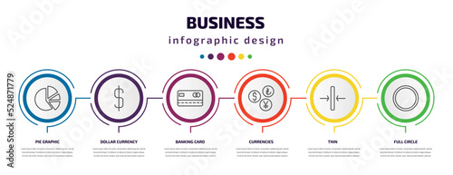 business infographic template with icons and 6 step or option. business icons such as pie graphic, dollar currency, banking card, currencies, thin, full circle vector. can be used for banner, info