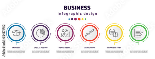 business infographic template with icons and 6 step or option. business icons such as empty box, circular pie chart, worker digging a hole, graphic arrow, dollar coins stack, vector. can be used